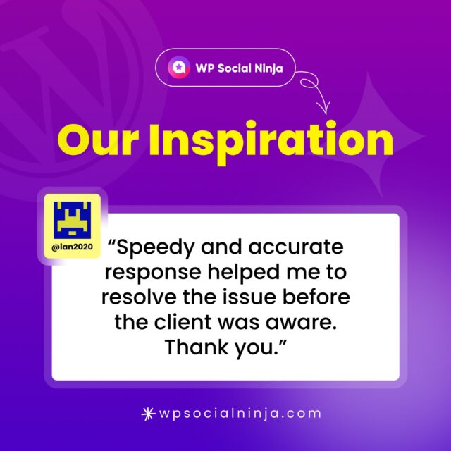 Before the client of our user even noticed the issue, it was already fixed. That’s the kind of smooth support you get with WP Social Ninja. 

Fast and reliable when it needs to be.⚡️That’s how you win trust.💜

#WPSocialNinja #CustomerReviewsMatter #responsivesupport