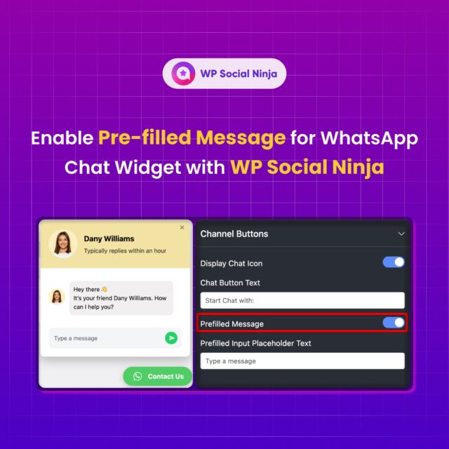 Enable pre-filled messages for your WhatsApp chat widget on your WordPress website to encourage visitors to communicate with your brand. 

Go to the Channel Buttons option from your dashboard and toggle the Prefilled Message button. You're all set!