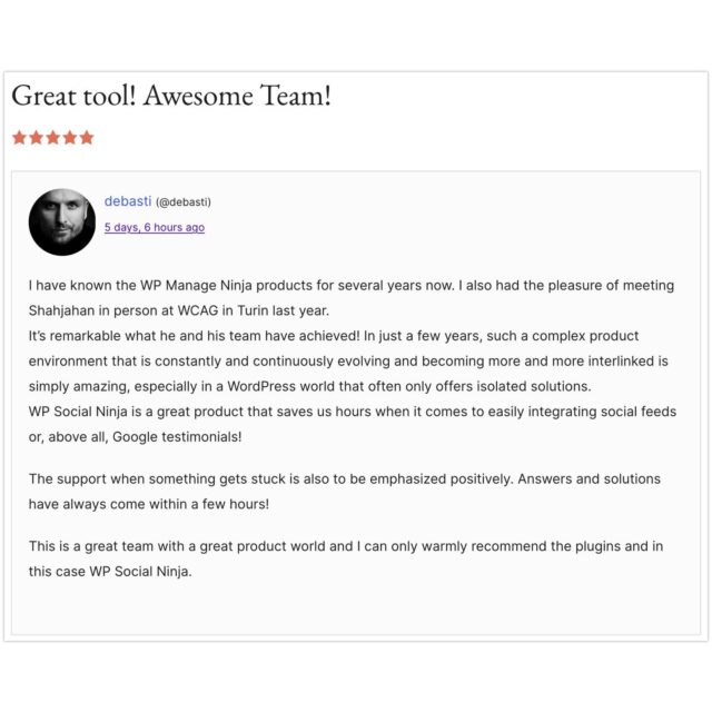 Our recipe for success is simple: we put ourselves in our users' shoes, identify their pain points, and provide solutions for them.

From great product experience to instant support, our users are our lifeline. Thank you for your kind words.

Explore WP Social Ninja to see for yourself.👇 
https://wpsocialninja.com/ 

#CustomerReview #ClientFeedback